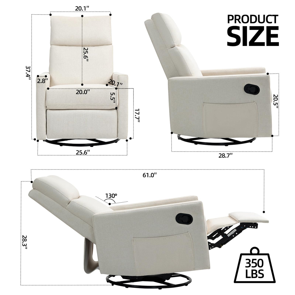 LONWIK Swivel Rocker Recliner Chair for Adults, Upholstered Nursery Rocking Glider with Adjustable Footrest, Lay Flat Recliner Single Lazy Sofa for Living Room, Beige LONWIK