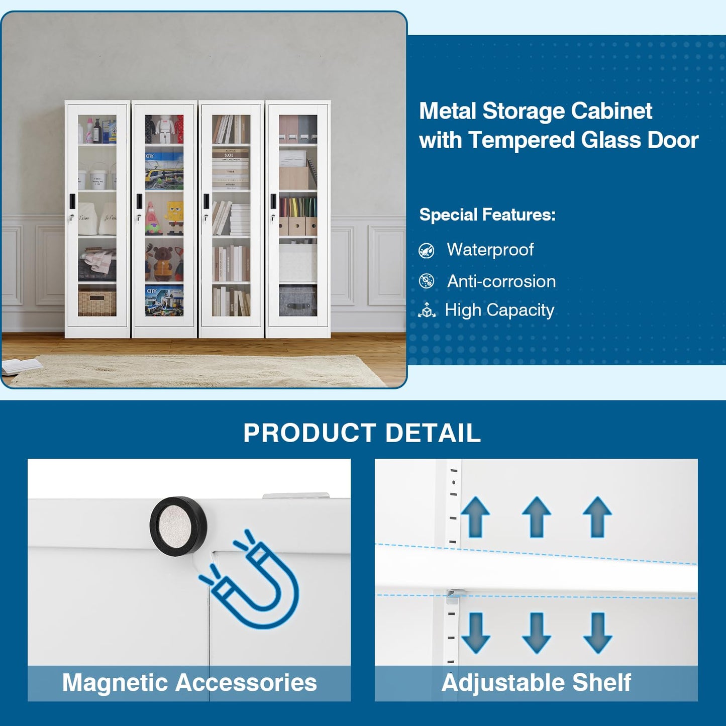 PEUKC Display Cabinet with Glass Doors, Curio Cabinets with 4 Adjustable Shelves, Locking Glass Cabinet Display Case for Home, Office, Clinic, Pantry, Assemble Required(One Door-A,White)