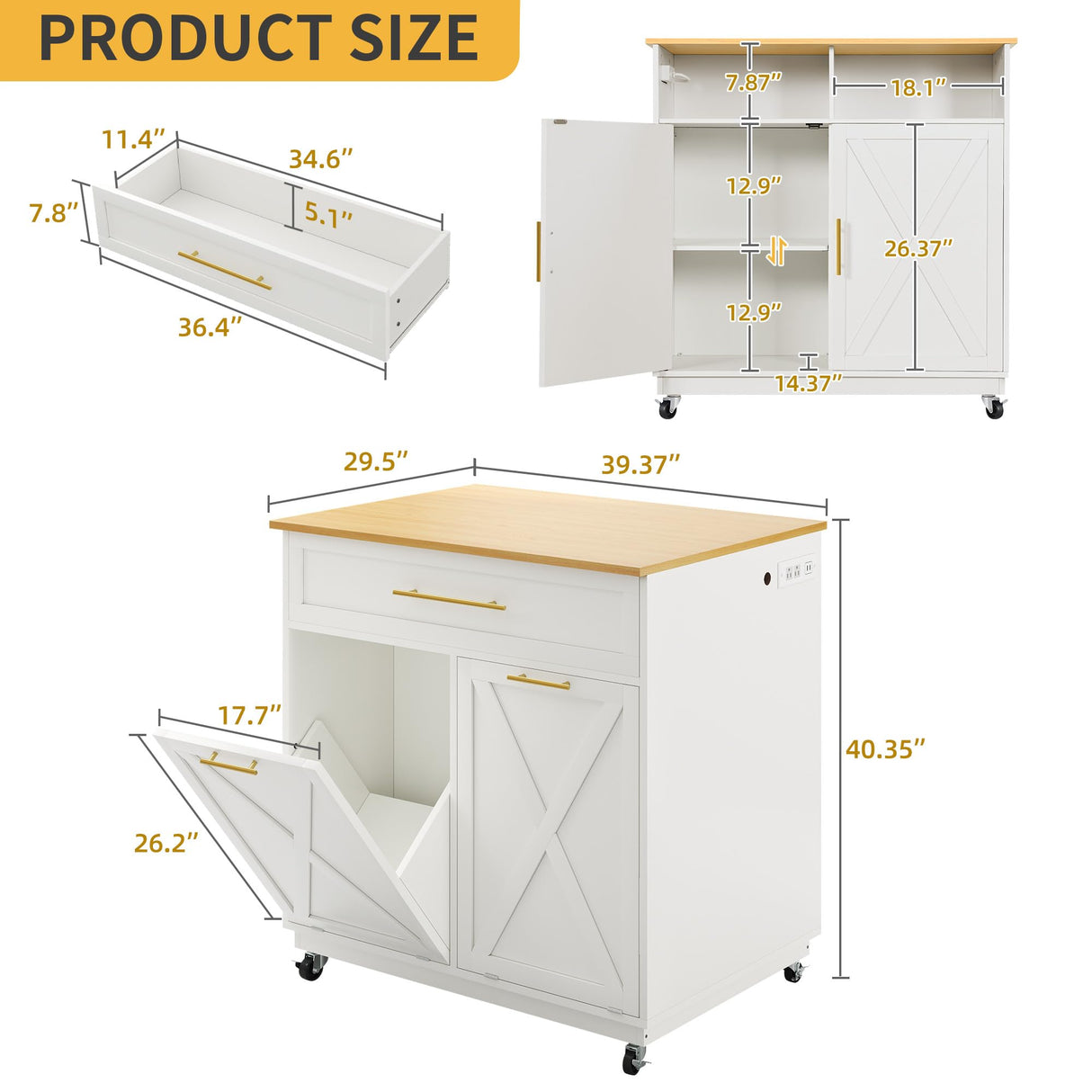 DWVO Kitchen Island with Power Outlet, 40 inch Rolling Island Table with Trash Can Cabinet fits Double 10-Gallon Bin, Square Mobile Storage Islands with Tilt Out Garbage Bin Cabinet, White Oak DWVO