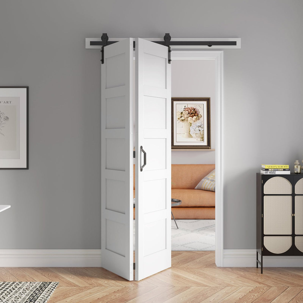 FREDBECK 48X84(Double 24x84) White Bi-fold Barn Door Sliding Folding Door Double Barn Door with 52" Hardware Kit & Handle,Solid MDF Door with Water-Proof PVC Surface for Closet,Assembly Required FREDBECK