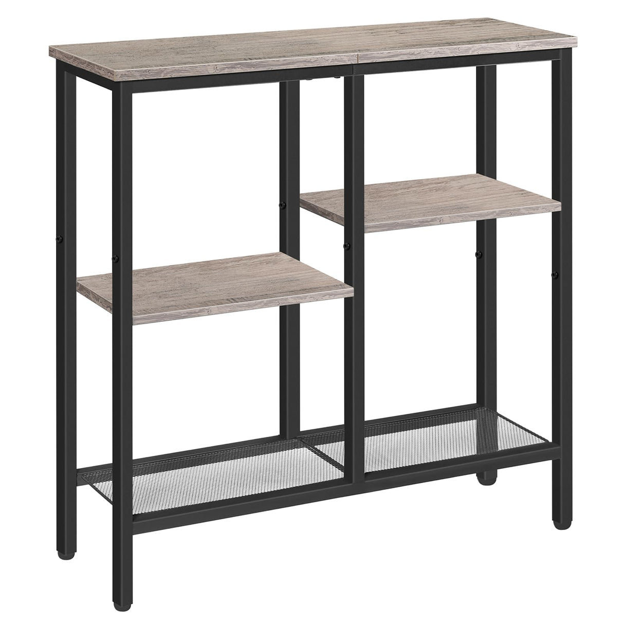HOOBRO Console Table, Narrow Side Table, Sofa Table, 4-Tier Industrial Hallway Table with Metal Mesh Shelf and Adjustable Feet, for Entryway, Living Room, Hallway, Greige and Black BG79XG01 HOOBRO
