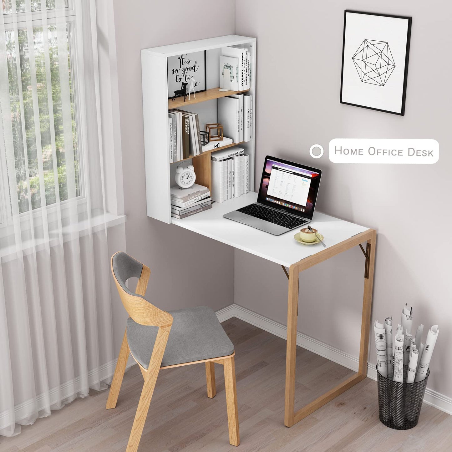 AZODY Wall Mounted Folding Table, Fold Down Wall Floating Desk for Small Spaces, Foldable Wall Desk with Chalkboard, Fold Down Writing Desk Laptop Table with Storage and Shelf for Home Office