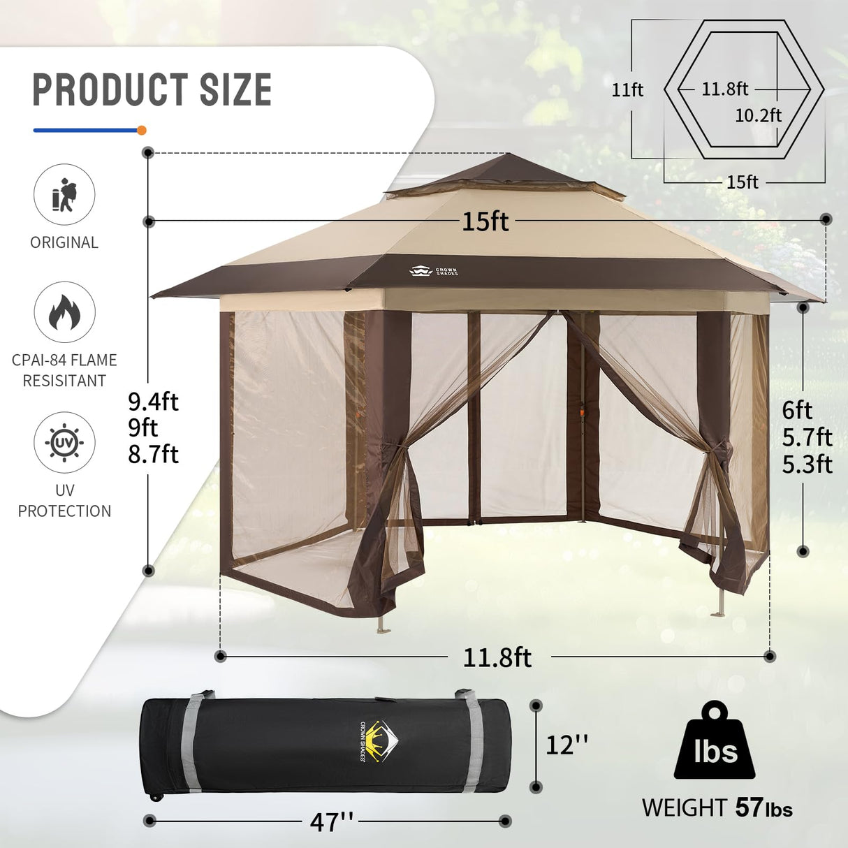 CROWN SHADES 12x12 Pop up Gazebo with Mosquito Nettings, Patented Center Lock 6-Sided Portable Gazebo, 300D Silver-Coated Fabric UV Resistant, Pop Up Canopy Tent for Patio, Party, Beige&Coffee CROWN SHADES
