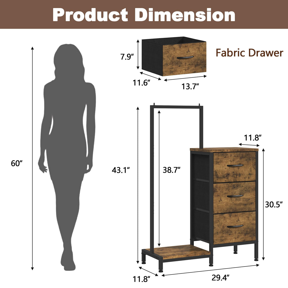 AFLUI Dresser for Bedroom with Hanging Rack, 3 Drawers Dresser for Bedroom - Rustic Brown AFLUI