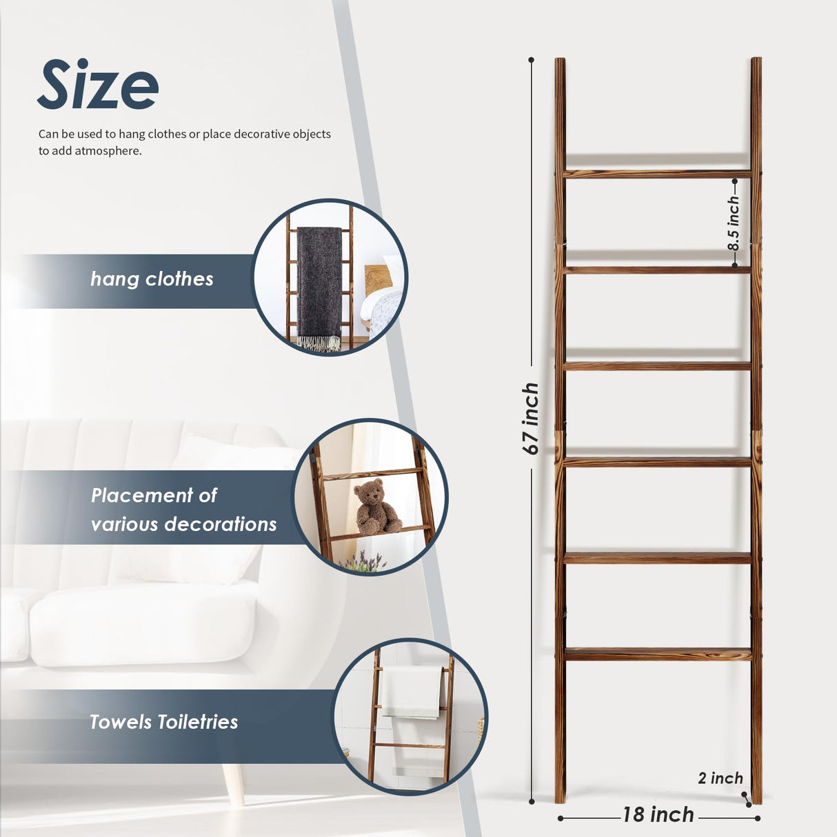 6-Tier Blanket Ladder Wooden, 5.7FT(66.5'') Blanket Quilt Towel Holder Rack Decorative Ladder, Easy Assembly, Rustic Farmhouse Ladder Shelf for The Living Room Bedroom Bathroom Home Decor, Brown Delywh