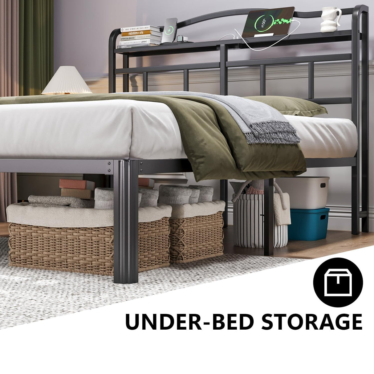 HAVONIZD Full Size Bed Frame - Storage Headboard with Charging Station, 14 Inch Sturdy Metal Platform Bed Frame No Box Spring Needed, Easy Assembly, No Noise, Black HAVONIZD