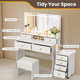 Pamapic Vanity Desk with File Cabinet, 8 Drawers Makeup Vanity with Mirror and Lights,3 Lighting Modes Dressing Table with Chair, Power Outlet, Silent Slides, White Pamapic