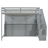 Merax Modern Farmhouse Solid Wood Loft Bed with Murphy Bed Cabinet w/Hydraulic Lift Full Over Full, Wall Bunk Bed with Storage Staircase, Shleves & Desk/Space Saving/Wood Slat Support/Gray Merax