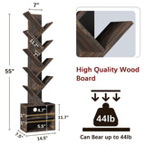 Azaeahom 8 Tier Tree Bookshelf, Wood Bookcase with Storage Cabinet, Modern Tall Narrow Bookshelves Organizer, Floor Standing Book Shelf for Bedroom/Living Room/Home Office/Corner (Brown, 8 Tier) Azaeahom