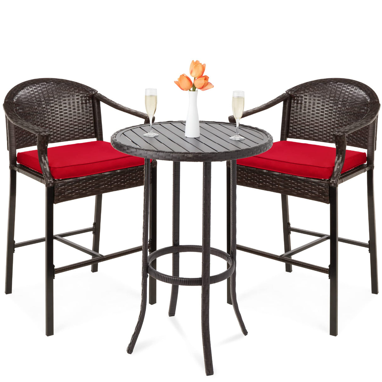 Best Choice Products 3-Piece Patio Bar Table Set, Outdoor Wicker Bar Height Bistro Furniture for Backyard, Poolside, Balcony w/Barstools, Cushions, Steel Frame – Brown/Red Best Choice Products
