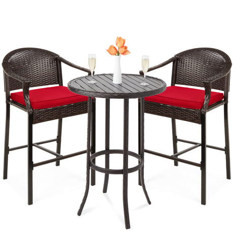 Best Choice Products 3-Piece Patio Bar Table Set, Outdoor Wicker Bar Height Bistro Furniture for Backyard, Poolside, Balcony w/Barstools, Cushions, Steel Frame – Brown/Red Best Choice Products