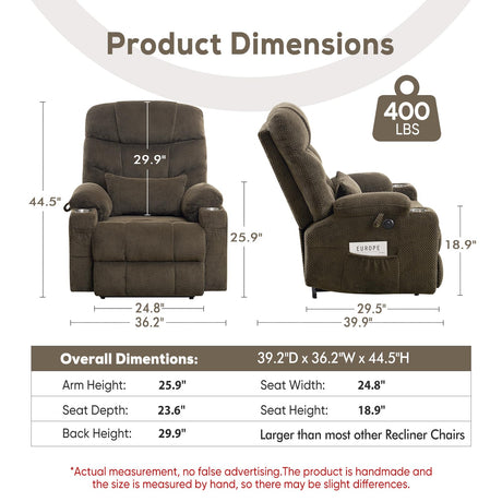 ABCASA Oversized Dual Motor Lay Flat Power Lift Recliner Chair with Massage, Heating, Lumbar Pillow, USB & Type-C Ports, Textile Lift Chairs Recliners, Large Recliner for Big & Elderly People - Brown ABCASA