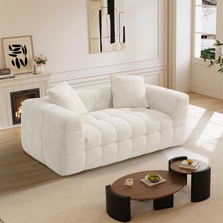 DAMAIFROM 66.5" Chenille Cloud Sofa Couch with 2 Soft Pillows, Comfy Upholstered Chenille 2 Seater LoveSeat Sofa, Modern Deep Seat Sherpa Cloud Couch, Oversized Love Seat for Living Room, Beige White DAMAIFROM