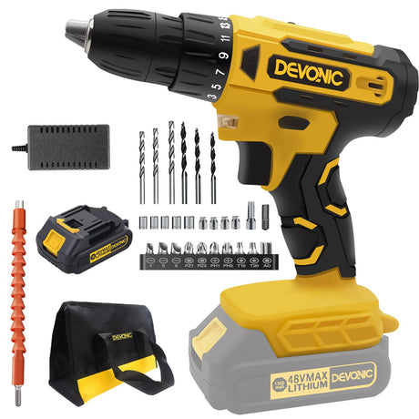 DEVONIC Cordless Drill Set,21V Electric Drill with 1 Lithium Battery and Charger,3/8"Keyless Chuck,25+1 Torque Setting and 28pcs Drill Screwdriver Bits XGOLD