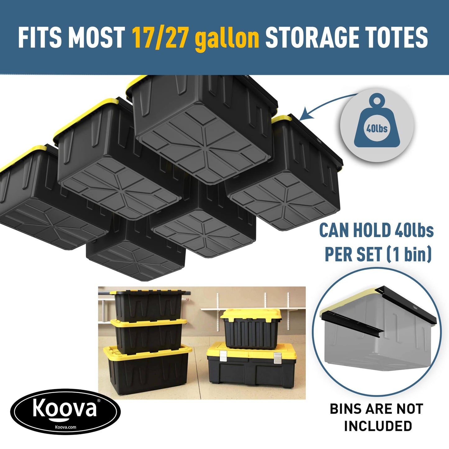 Koova Heavy-Duty Overhead Garage Storage Rack for 6 Bins. Adjustable Width, 240lb Capacity. DIY Safe Mount, Easy Install. Fits 27-Gallon Totes. USA Made Pro-Grade Steel. Space Saving Organizer