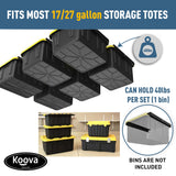 Koova Heavy-Duty Overhead Garage Storage Rack for 6 Bins. Adjustable Width, 240lb Capacity. DIY Safe Mount, Easy Install. Fits 27-Gallon Totes. USA Made Pro-Grade Steel. Space Saving Organizer Koova