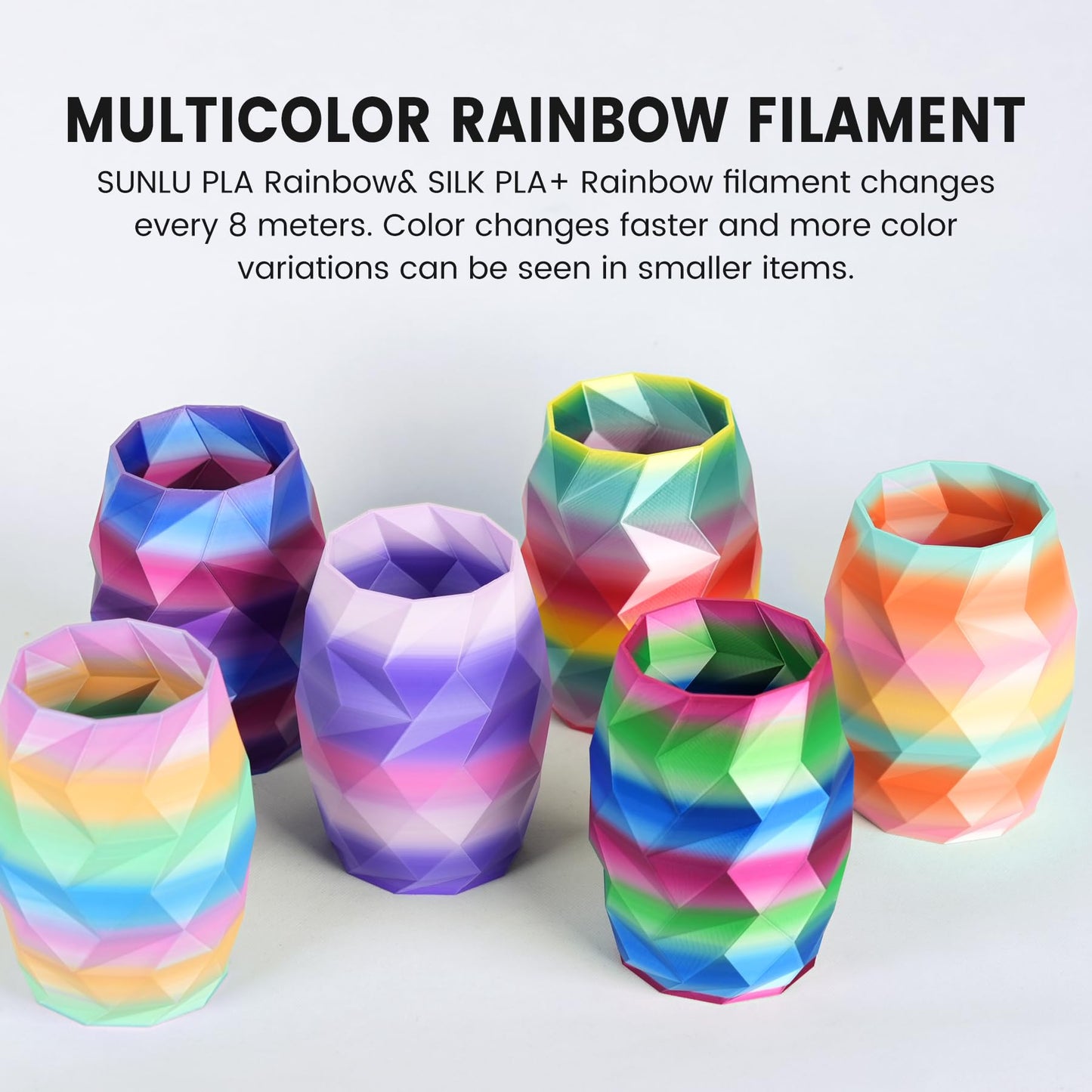 SUNLU PLA Rainbow 3D Printer Filament Bundle, 4 Rolls PLA+ Silk Rainbow & 4 Rolls PLA Rainbow Filament, Fast Color Change, Shiny Texture, Multicolor, 250g/Pack, 8 Packs, Total 2 kg - WoodArtSupply