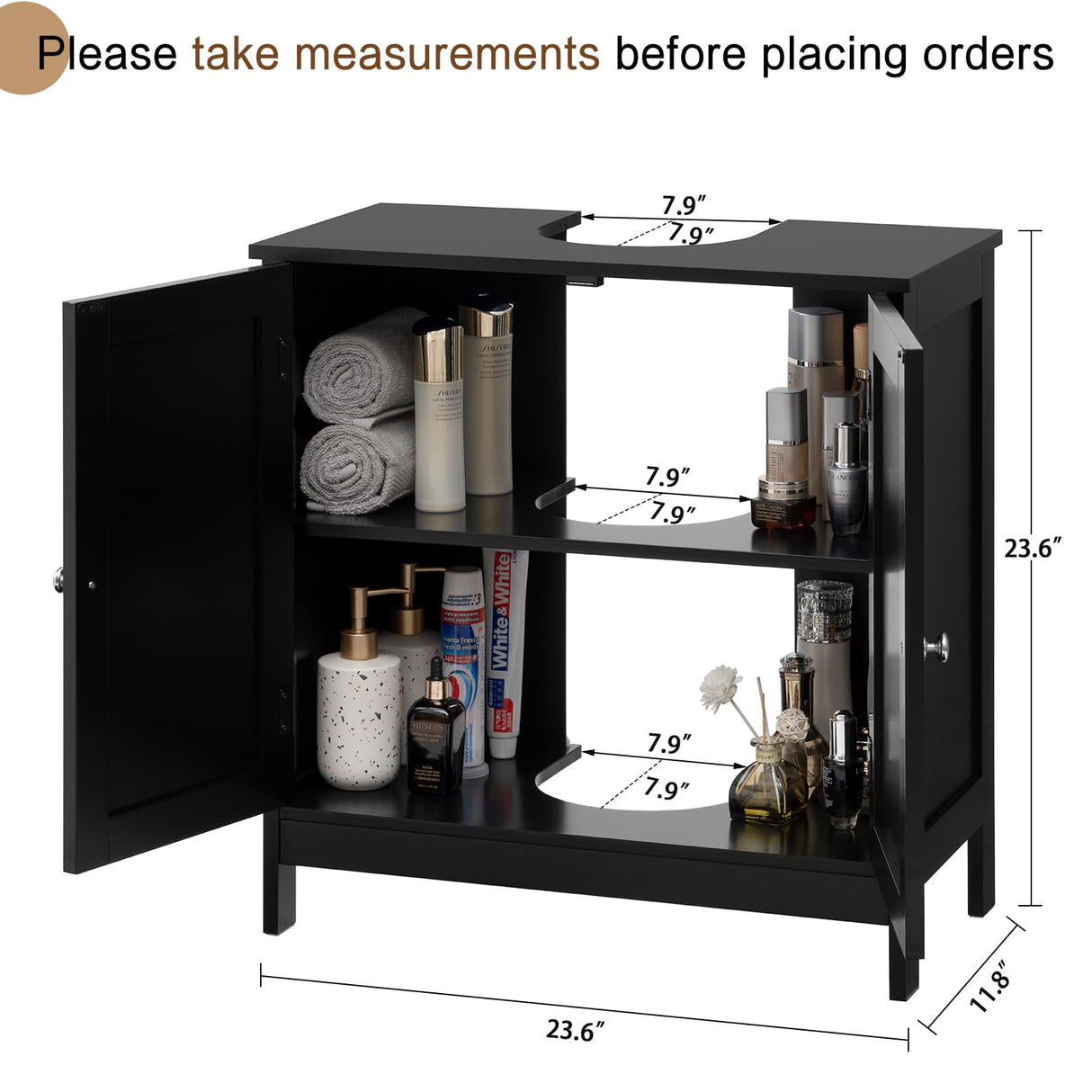 Iwell Pedestal Sink Storage Cabinet with 2 Doors and Shelf, Under Sink Cabinet, Bathroom Sink Cabinet with U-Shape, Black YSG020H Iwell