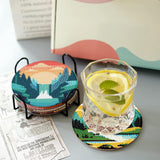 Clendo 8 Pcs Landscape Diamond Art Coasters Kit with Holder, Sunset Small Diamond Art Kits for Adults Beginners, Diamond Painting Coasters Arts and Crafts for Adults Supplies Item Sets Clendo