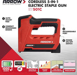 Arrow ET501C Cordless 5-In-1 Professional Staple and Nail Gun, Battery Powered Wire Stapler and Brad Nailer for Upholstery, Framing, Roofing, Crafts, Fencing, Cable, Black/Red Arrow