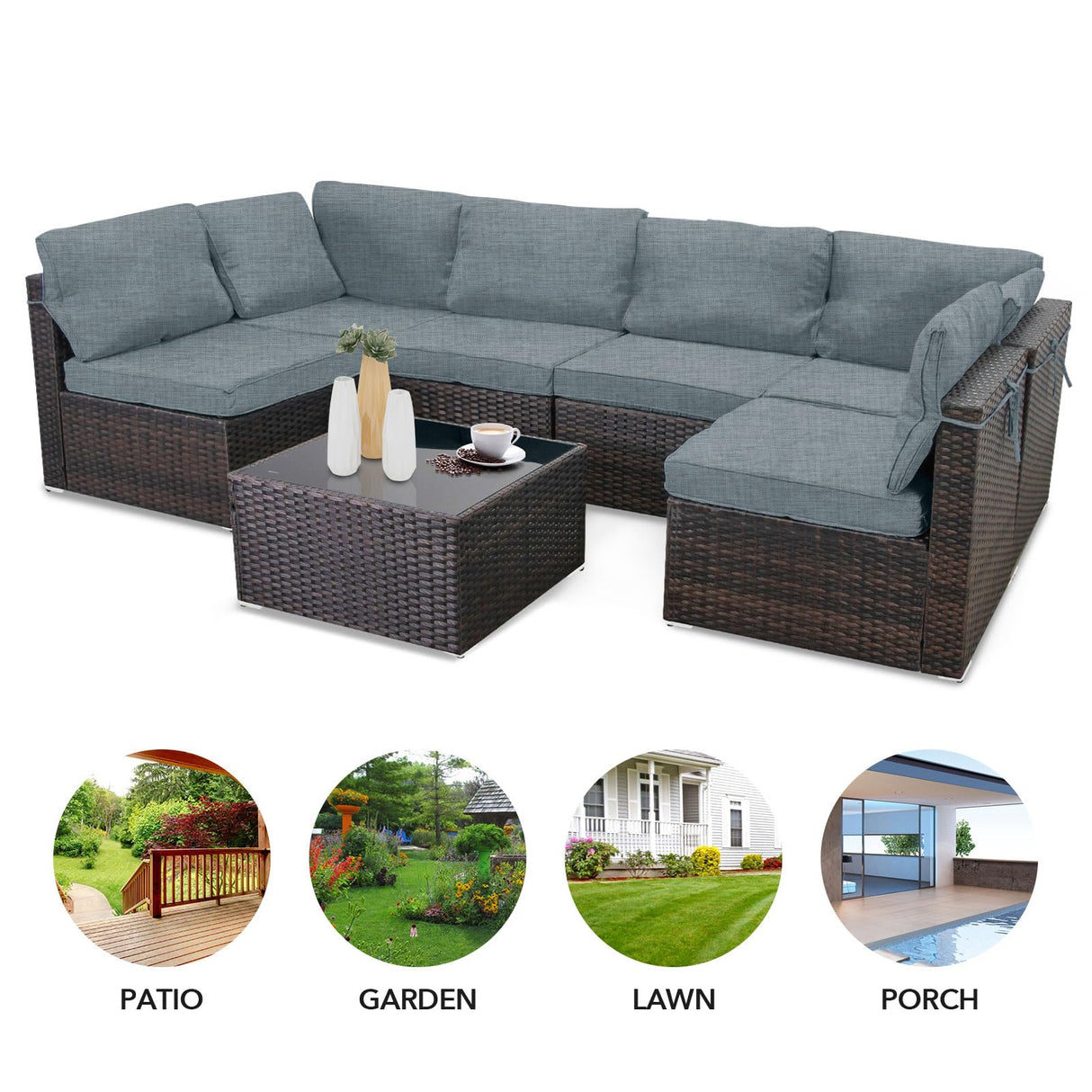 LAFWELL 7 Pieces Outdoor Patio Furniture Sets,Rattan Conversation Sectional Set,Manual Weaving Wicker Patio Sofa with Tea Table LAFWELL