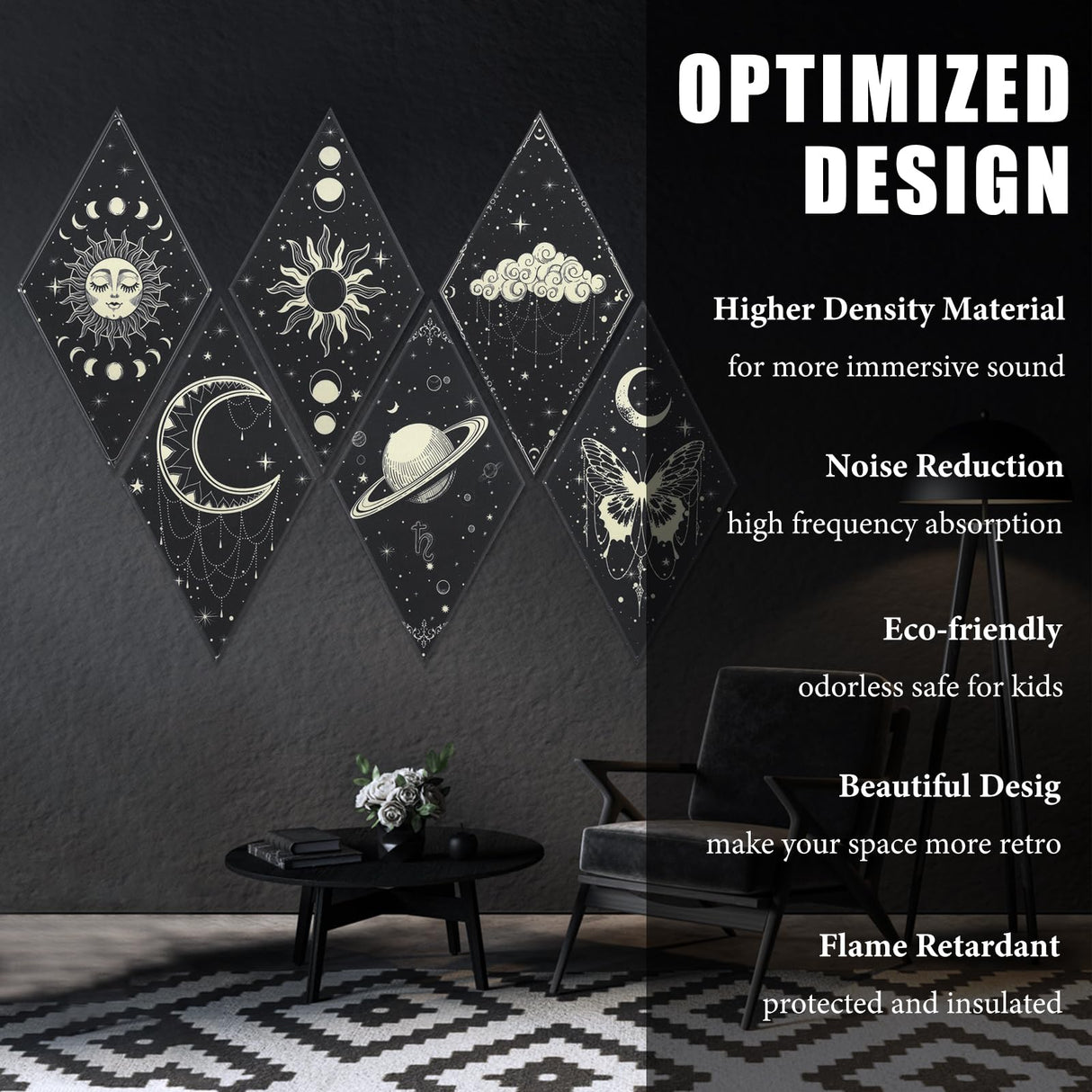 Tutmyrea 6 Pack Art Acoustic Panels Soundproof Wall Panels with Self-Adhesive, 20x12inchs Sound Absorbing Panels Boho Wall Decor, Gothic Decorative Acoustical Wall Panels Moon Stars Sun Phases Tutmyrea