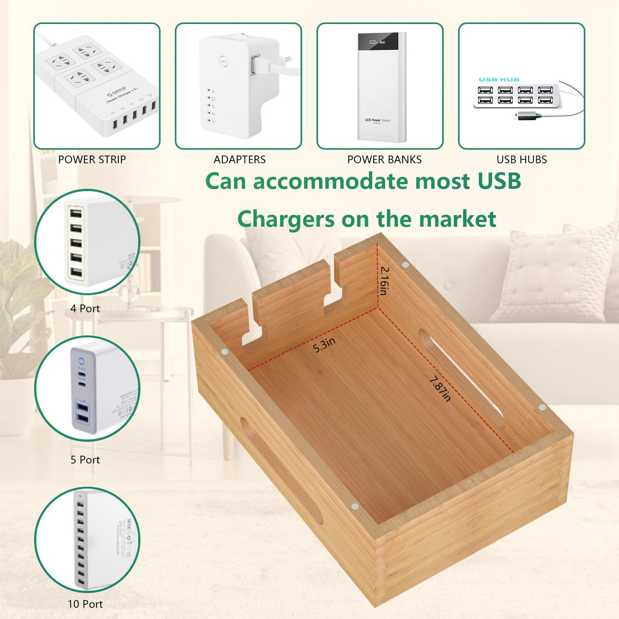 Deefielly Bamboo Charging Stations for Multi Devices with 5 Port USB Charger, 6 Cables, Desktop Wood Docking Station Charger Organizer for Cell Phones, Tablets,Earphone, Watches Deefielly