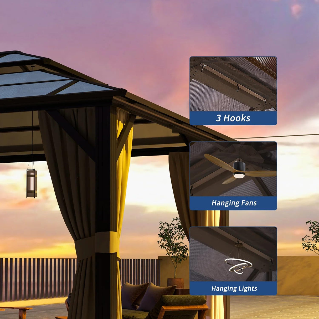 Jolydale Hardtop Gazebo, 10FTx12FT Polycarbonate Double Top Canopy, Aluminum Frame Permanent Pavilion with Curtains and Netting, for Lawns, Patios, Gardens Jolydale