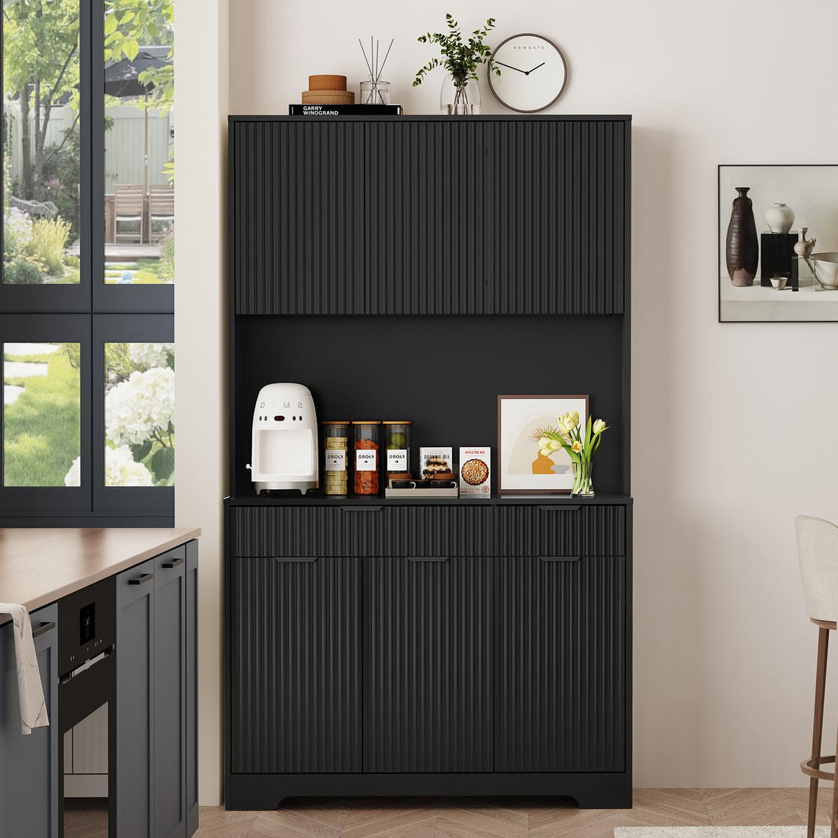 P.H.Furn 71" Pantry Cabinet, Kitchen Storage Cabinet with Drawers & Adjustable Shelf, Microwave Shelf, Kitchen Hutch with LED Light & Outlets for Dining Room/Entry/Hallway (Black) P.H.Furn