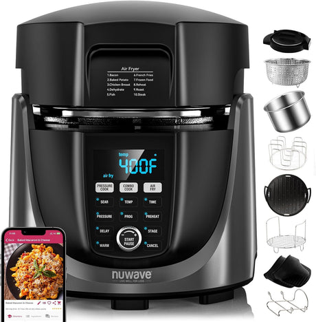 Nuwave Duet Air Fryer, Electric Pressure Cooker & Grill Combo, 540 IN 1 Multicooker with 2 Removable Lids, Slow Cook, Sears, Sautés, 18/10 SS Pot, Sure-Lock Safety Tech & 9 Deluxe Accessories Nuwave