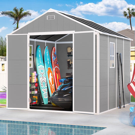 Outdoor Storage Shed 8x8 FT, Resin Shed with Floor & Window, Lockable Door, Vents, Outside Sheds & Garden Shed for Patio Furniture, Gardening Tools, Pool Equipment (Grey, 8 * 8ft) OUEEEDD