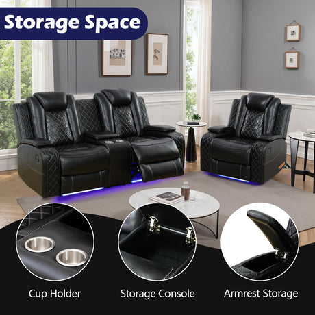 JBXBER Power Recliner Sofa Set with LED Lights, Black Leather Reclining Couch Sets with Storage Console, USB Ports, Cup Holder, Home Theater Seating, Living Room Furniture(2 Chairs and a Loveseat) JBXBER