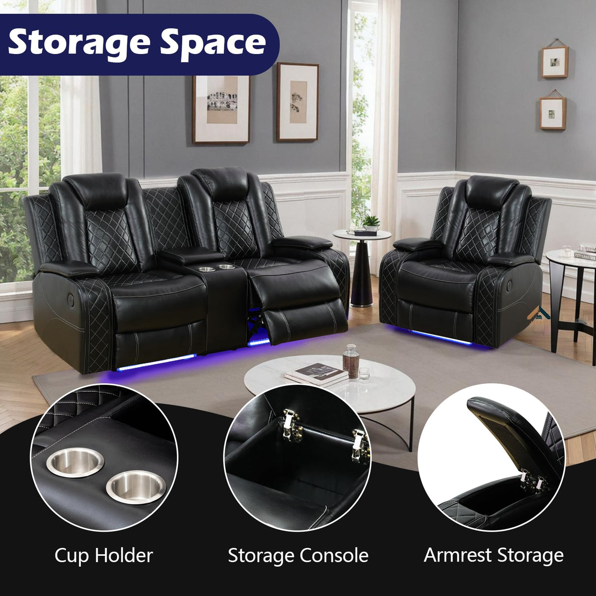 JBXBER Power Recliner Sofa Set with LED Lights, Black Leather Reclining Couch Sets with Storage Console, USB Ports, Cup Holder, Home Theater Seating, Living Room Furniture(2 Loveseats and a Chair) JBXBER
