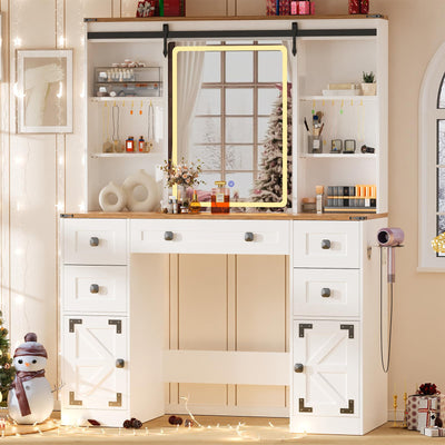 Makeup Vanity Desk with Lights, Large Vanity Desk with Sliding Mirror and Lights in 3 Mode, Farmhouse Vanity with Power Outlet, Vanity Desk with 5 Drawers,2 Cabinets,12 hooks, White Vanity for Bedroom