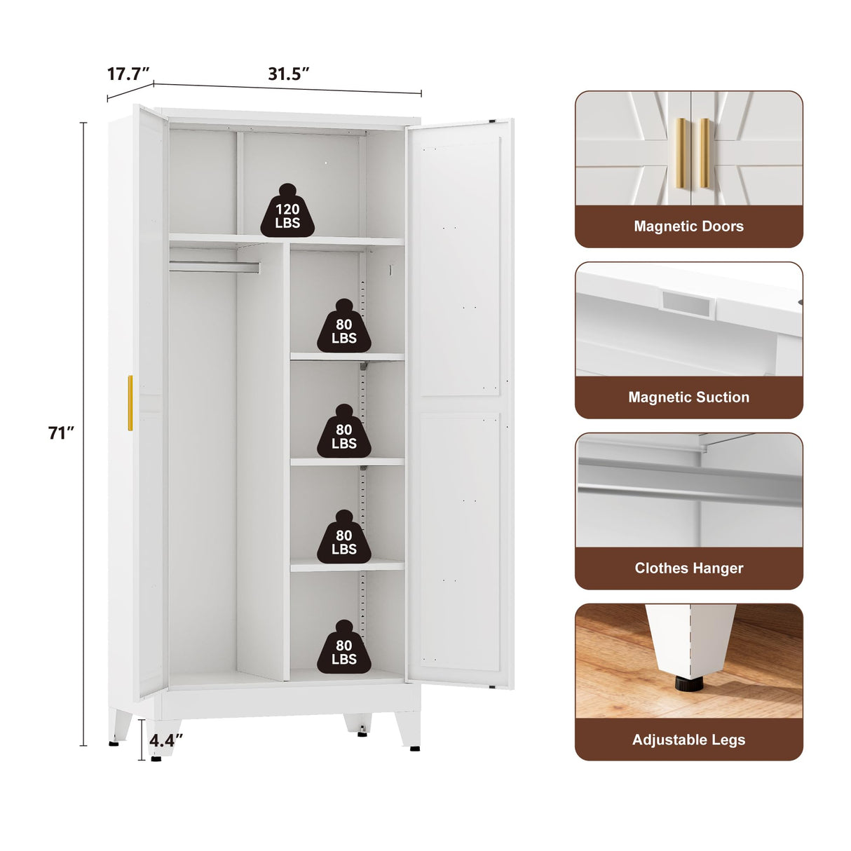 YAUWOH Farmhouse Wardrobe Cabinet,Metal Wardrobe Closet with Hanging Rod,Metal Armoire with Adjustable Shelves for Bedroom,Living Room, Cloak Room,Office (White) YAUWOH