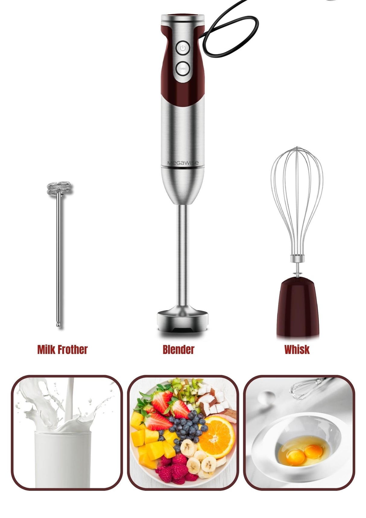 3- in-1 Immersion Hand blender, Powerful MOTOR & Stainless Steel Stick Blender, 4 Sharpe Blades with Whisk, Milk Frother Attachments MEGAWISE