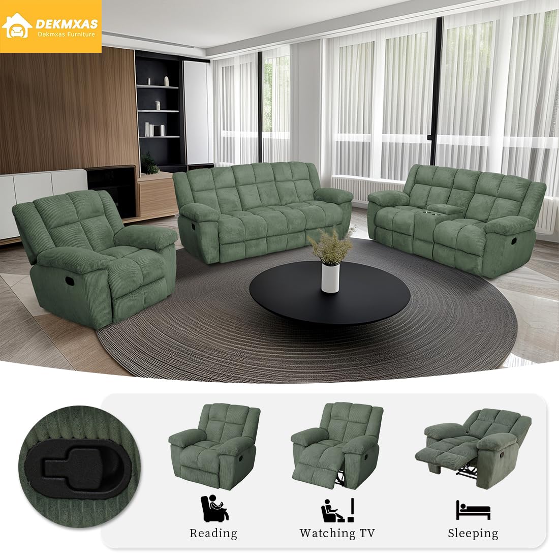Dekmxas Recliner Sofa Set, Living Room Furniture Sets,Manaul Reclining Couch Green Corduroy Reclining Couch Living Room Sofa Set with 5 Recliner Seats/Cup Holders/Storage Console/Drop-Down Table Dekmxas