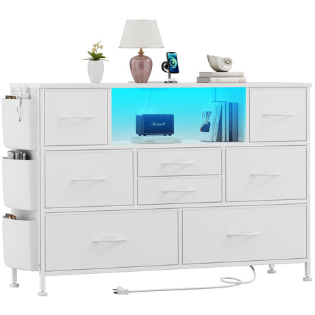 YaFiti Dresser for Bedroom with 8 Drawers, Dresser TV Stand with LED Lights, Fabric Chest of Drawers with Side Pocket for Living Room, Entryway, Bedroom Furniture (White) YaFiti
