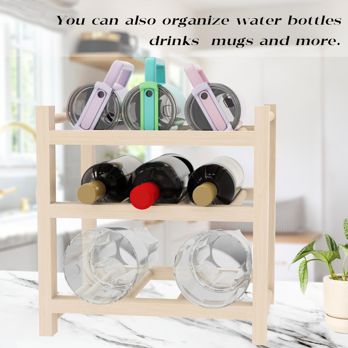 Solid Wood Wine Rack, HUTTEN 9-Bottle 3-Tier Wine Rack, Sturdy & Durable Wine Storage Cabinet Shelf, Wine Racks Countertop for Kitchen,Countertop,Table Top,Pantry, Home,Room Decor,Bar,Cellar Basement Haihomebest