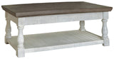 Signature Design by Ashley Havalance Farmhouse Lift Top Coffee Table with Fixed Shelf and 2 Hidden Storage Trays, Gray & White with Weathered Finish Signature Design by Ashley