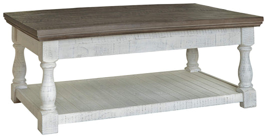 Signature Design by Ashley Havalance Farmhouse Lift Top Coffee Table with Fixed Shelf and 2 Hidden Storage Trays, Gray & White with Weathered Finish - WoodArtSupply