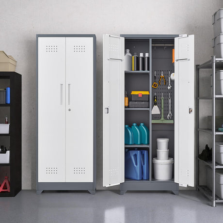 LUCYPAL Broom Closet Storage Cabinet with Locking Doors,65" H Metal Storage Cabinet with Shelves and Hanging Rod,Cleaning Tool Cabinet for Bathroom,Kitchen White&Grey LUCYPAL