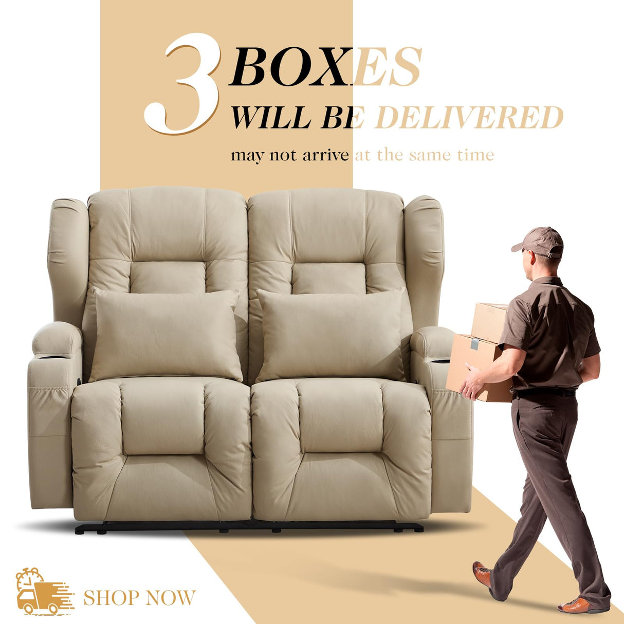 Loveseat Recliner Sofa,RV Couch 6'' Wall Hugger Recliners for Small Spaces,Fabric Reclining Loveseat Sofa Recliner with Cup Holders/Lumbar Pillows,RV Furniture (Beige, Loveseat) Generic