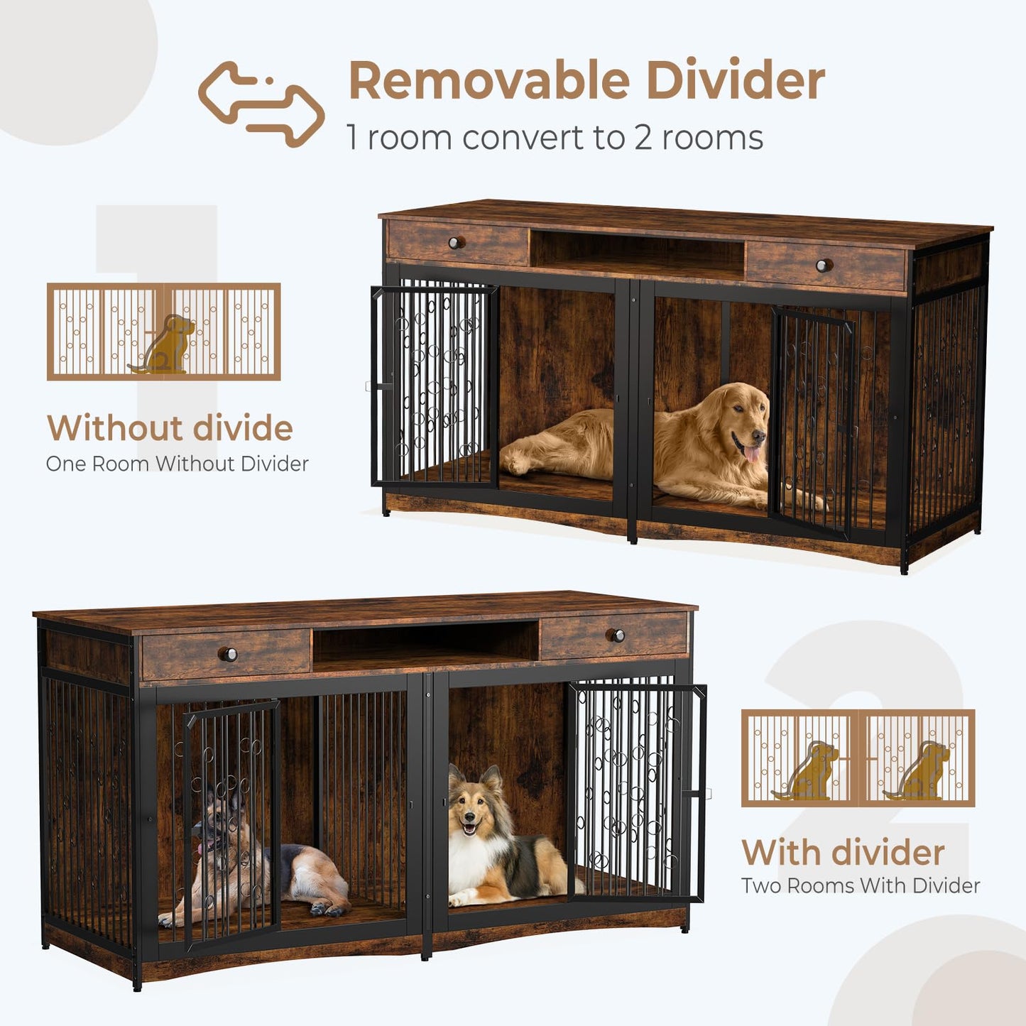 Lyromix 70.86'' Dog Crate Furniture Large Breed TV Stand with 2 Drawer & Double Rooms,Wooden Dog Kennel Dog Crate End Table with Cushion Removable Divider for Large Medium Dogs, Brown - WoodArtSupply