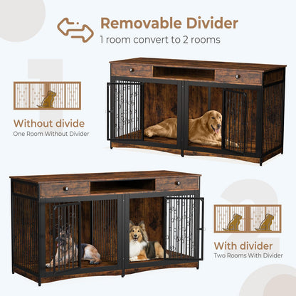 Lyromix 70.86'' Dog Crate Furniture Large Breed TV Stand with 2 Drawer & Double Rooms,Wooden Dog Kennel Dog Crate End Table with Cushion Removable Divider for Large Medium Dogs, Brown - WoodArtSupply