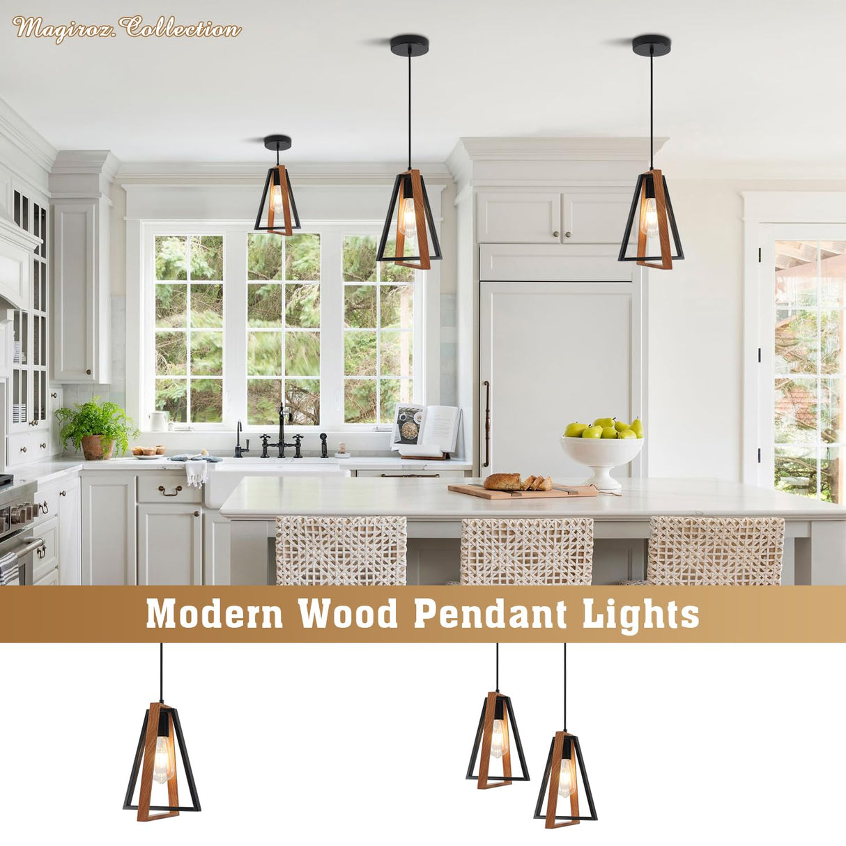 Magiroz Industrial Farmhouse Black and Wood Pendant Lights Kitchen Island 1 Light Adjustable Rustic Mini Wooden Hanging Light Fixtures Kitchen Single Pendant Lighting Over Island MPL28-1 (1 Pack) Magiroz