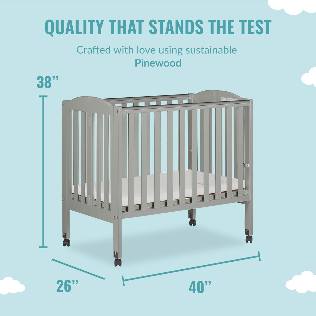Dream On Me 2 in 1 Folding Portable Crib in Cool Grey, Greenguard Gold Certified , 40x26x38 Inch (Pack of 1) Dream On Me