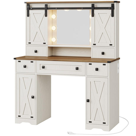 Hasuit Farmhouse Vanity Desk with Mirror and Adjustable Lights in White Hasuit