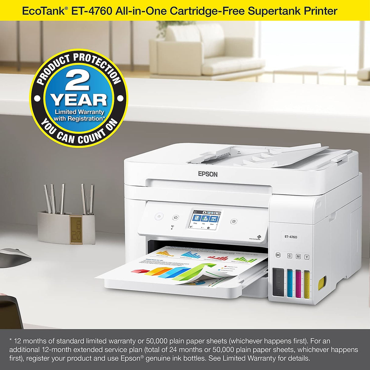 Epson EcoTank ET-4760 Wireless Color All-in-One Cartridge-Free Supertank Printer with Scanner, Copier, Fax, ADF and Ethernet - White Epson