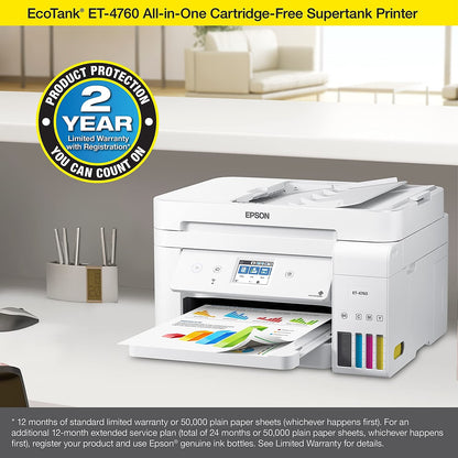 Epson EcoTank ET-4760 Wireless Color All-in-One Cartridge-Free Supertank Printer with Scanner, Copier, Fax, ADF and Ethernet - White